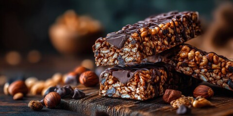 Delicious Chocolate Granola Bars on Wooden Table