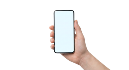 Close up of a human hand holding a modern smartphone with a blank screen isolated on transparent background