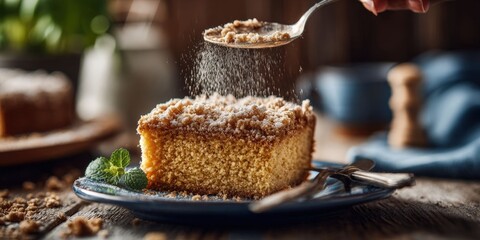 Delicious Golden Crumb Cake Slice Served on Elegant Plate