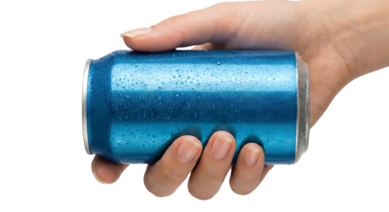 Close up of a hand holding a cold blue soda can with condensation isolated on transparent background