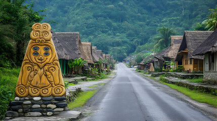 Carved Stone Monument and Traditional Houses on a Rural Road in a Tropical Village