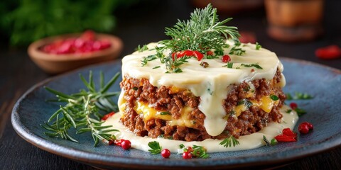 Delicious Layered Ground Meat Dish with Creamy Sauce and Fresh Herbs