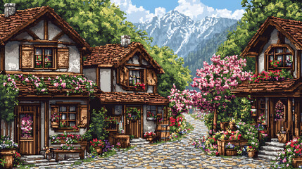Charming Alpine Village with Flower-Adorned Houses and Cobblestone Street