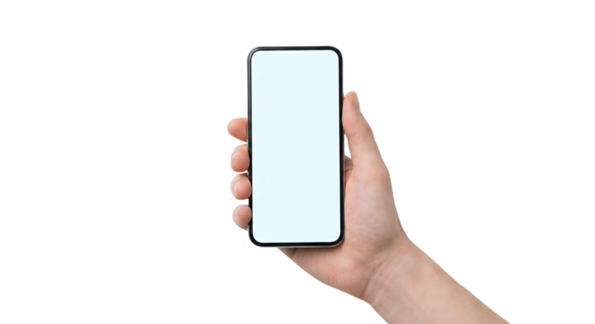 Close up of a human hand holding a modern smartphone with a blank screen isolated on transparent background - Powered by Adobe