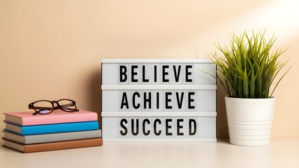 Motivation board with believe achieve succeed words and stack of books