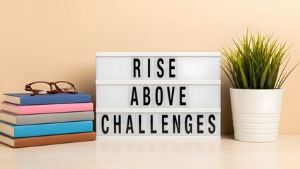 Motivational quote rise above challenges on a light box with books and plant