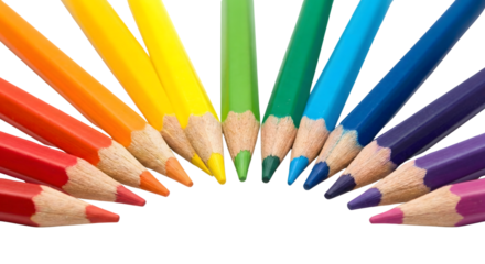 Vibrant colored pencils in a rainbow arc arranged on a clean surface for artistic creativity and drawing isolated on transparent background