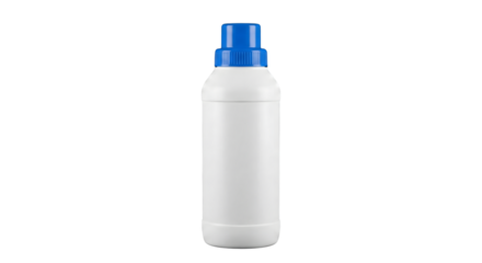 White Plastic Liquid Bottle with Blue Screw Cap Product Packaging Advertising Design Mockup isolated on transparent background