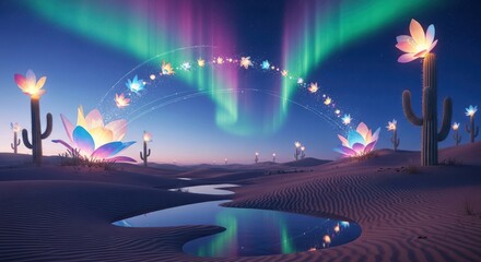 Surreal desert landscape with aurora and torches