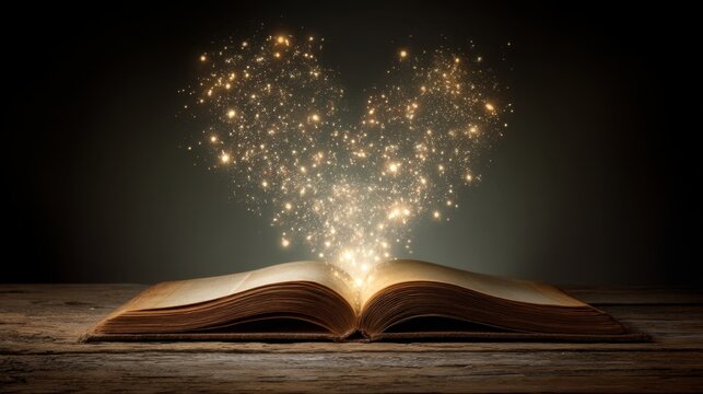 Open Book with Magical Heart Shaped Sparkles on Dark Background Creating Enchantment and Wonder in Reading Experience