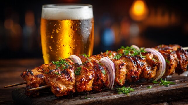 A skewer of meat with onions and a glass of beer