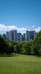Obraz premium Modern City Skyline Framed by Lush Greenery Under Clear Blue Sky