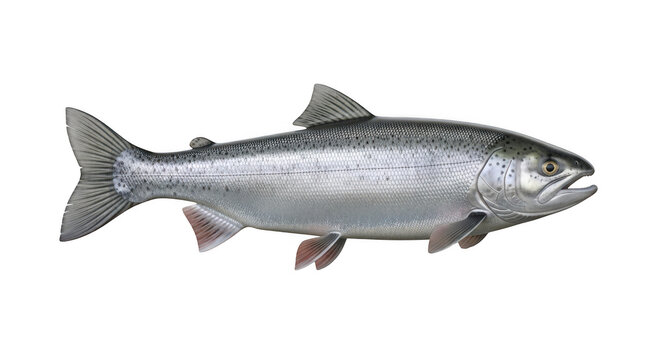 Realistic silver salmon fish swimming isolated on transparent background for design