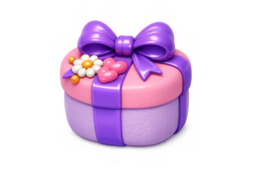 Women's day gift box with purple ribbon and decorative hearts for holiday celebration