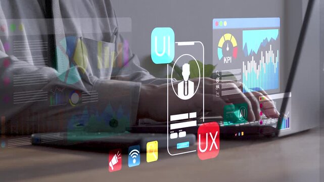 Business professional using laptop with virtual UI/UX design, AI and KPI analytics dashboards, data visualization charts and app interface icons for product development and performance tracking.