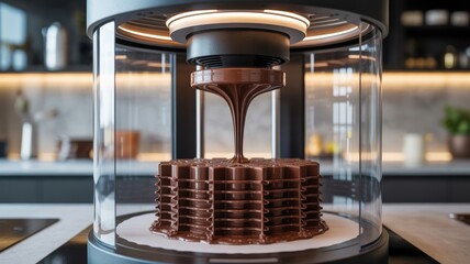 Automated 3D printer creating intricate chocolate dessert in modern kitchen