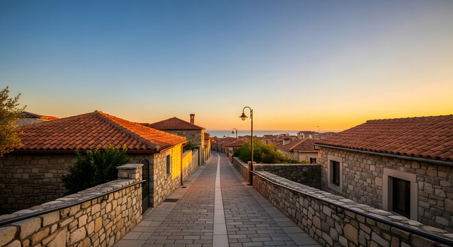 Narrow cobblestone street through a Mediterranean village at sun