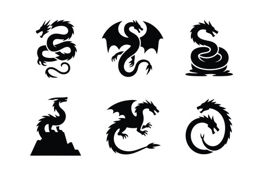 Collection of diverse dragon silhouette logos and mythical beasts