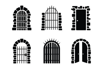 Naklejka premium Medieval Stone Arch Gate and Dungeon Door Silhouette Collection
