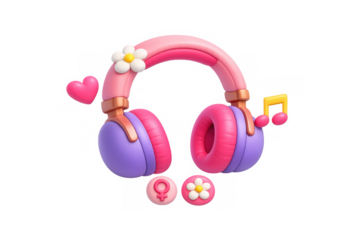 Vibrant headphones icon with floral and musical elements for digital illustrations