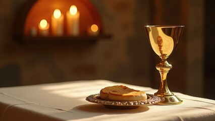 Ornate golden chalice with communion wine, silver paten with bread, altar cloth, candlelight, eucharist elements, religious sacrament, sacred vessels, liturgical objects, spiritual ceremony