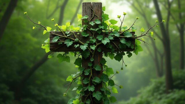Lush green vine branches twisting energetically around wooden cross, abiding faith parable growth surge, religious christianity symbol