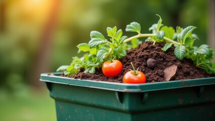 Compost bin with organic waste, food scraps recycling, sustainable gardening, soil enrichment, zero waste living, natural decomposition, environmental responsibility, green gardening