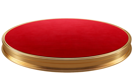 Red velvet round decorative plate with gold trim isolated on transparent background