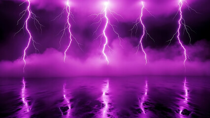 Dramatic purple lightning bolts striking over dark water with purple mist and fog