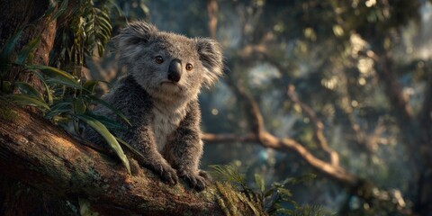 Fototapeta premium Cute Koala Sitting on Tree Branch in Natural Habitat