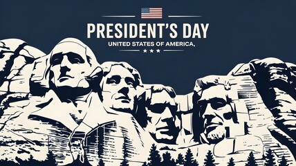 Presidents Day patriotic illustration featuring historic US presidents carved stone style artwork American leadership heritage national holiday design