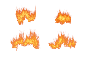 Yellow red blazing fire flames with seamless smoke and sparks on transparent background