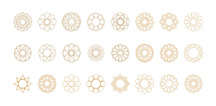 Golden linear geometric ornaments with complex star patterns for luxury islamic design backgrounds