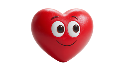Cute red heart with smiling face and big eyes isolated on transparent background