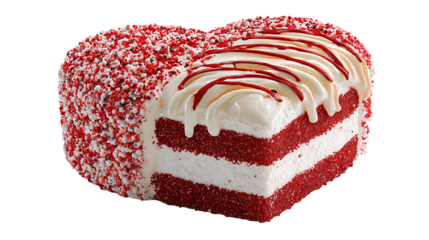 A slice of red velvet heart shaped cake with white frosting and sprinkles on side isolated on transparent background