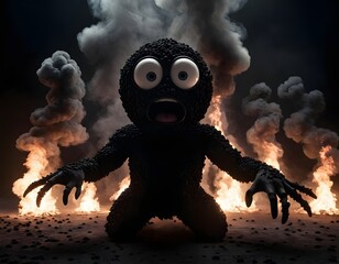 Scared Furry Black Character Screaming Surrounded by Fire and Smoke