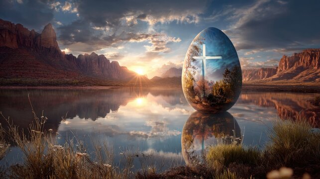 Colorful Easter egg with cross reflection in serene landscape during sunrise by peaceful lake amidst majestic mountains