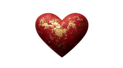 Red heart with gold leaf isolated on transparent background for valentines day