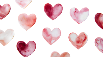 Watercolor hearts in various pink and red hues isolated on transparent background for valentines day