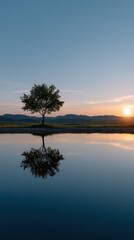 Fototapeta premium Serene Lake Reflection at Sunrise with a Single Tree and Mountain Background