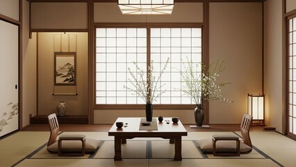 Traditional Japanese-style living room interior with tatami mats, shoji screens, low table, and minimalist decor, exuding calm.
