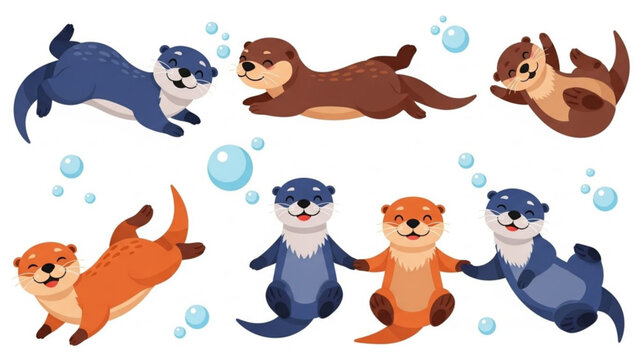 Playful otters swimming and frolicking in water with bubbles  