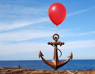 Heavy Rusty Anchor Floating in the Sky Held by a Red Balloon