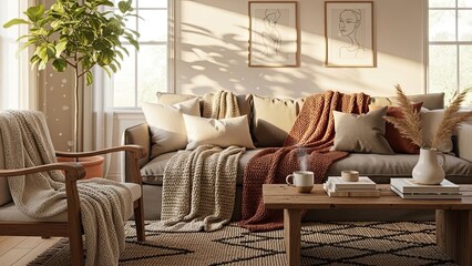 Cozy modern living room interior with warm sunlight, neutral decor, comfortable sofa, throw blankets, and wooden furniture.
