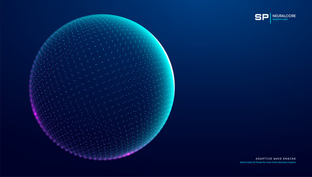 Bg data sphere and ai globe circle with particle network connect. Abstract structure 3d and ball analysis internet with cell light music. Analytics bg world and earth ai big with shape globe pattern.