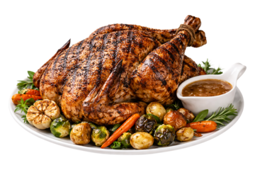 Roasted turkey on a plate with vegetables and gravy on transparent background