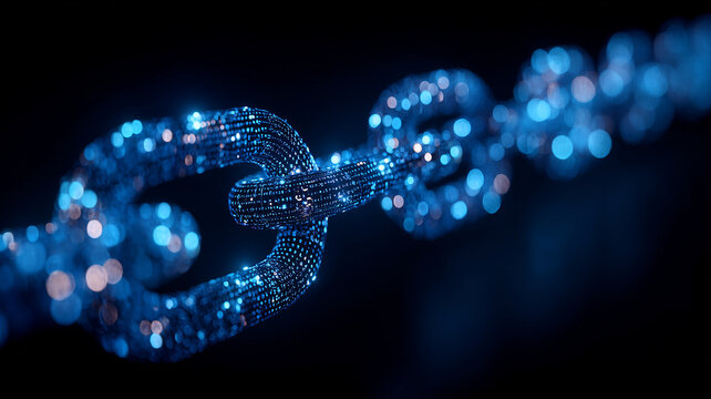 Linked chain formed by digital particles, illustrating blockchain security, decentralized transactions, and trusted data integrity in fintech systems.
