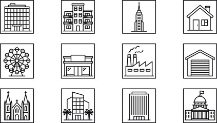Black and White Line Icons Depicting Urban and Suburban Buildings for Architecture, City Planning, and Real Estate Design © Mahbub