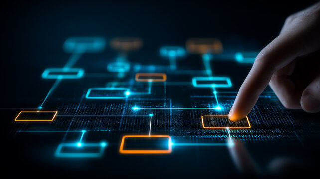 Finger selecting connected workflow blocks on a digital diagram representing process automation and system orchestration.
