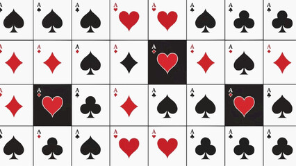 Intricate graphic pattern featuring a repeating grid of classic playing card symbols and ace values, with bold red and black color inversions, ideal for captivating digital design backgrounds